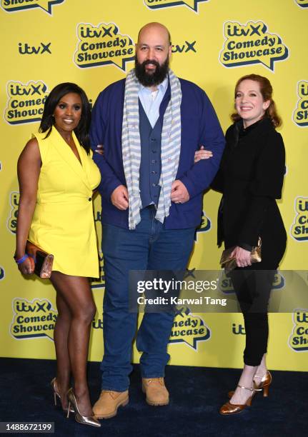 Kelle Bryan, Youssef Kerkour and Katherine Parkinson attend the ITVX Comedy Showcase photocall at the Bike Shed Moto Co., on May 09, 2023 in London,...