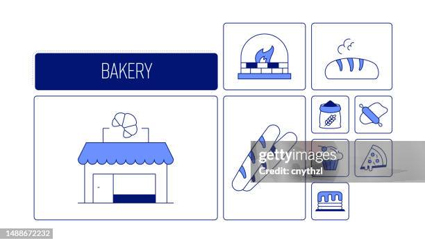 bakery related design with line icons. simple outline symbol icons. - artisanal food and drink stock illustrations