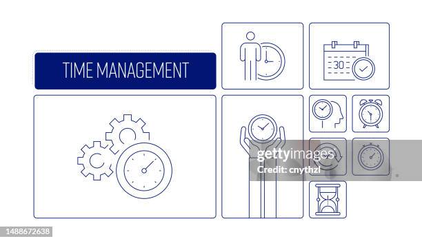 time management related vector banner design concept, modern line style with icons - mind map flow chart stock illustrations