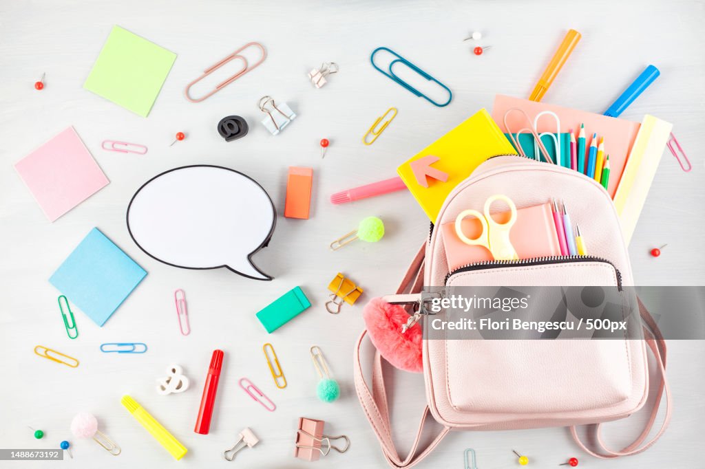 Student backpack and various school supplies Studing,Education and back to school concept,Romania
