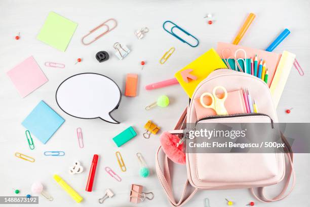 student backpack and various school supplies studing,education and back to school concept,romania - packed lunch - fotografias e filmes do acervo