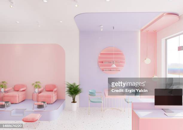 interior of modern beauty salon with nail care station - hair salon interior stock pictures, royalty-free photos & images