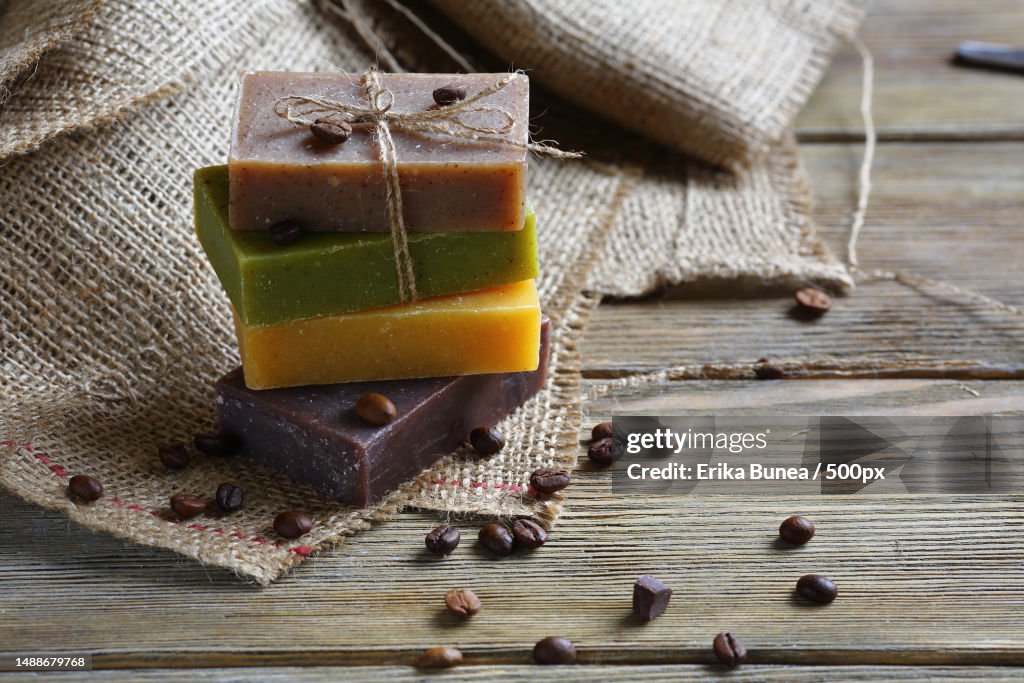 Handmade soap with roasted coffee beans,Toiletries on sacking,Romania