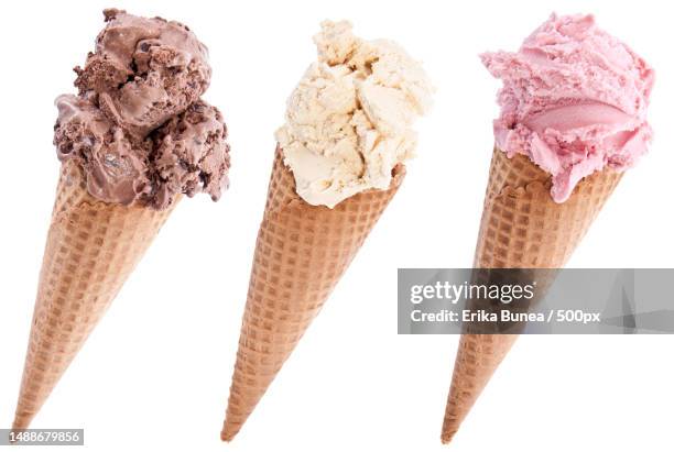 different sorts of ice cream isolated on white background,romania - scoop shape photos et images de collection