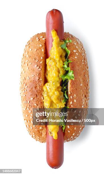 hot dog isolated on white background,top view - burger vue de dessus photos et images de collection