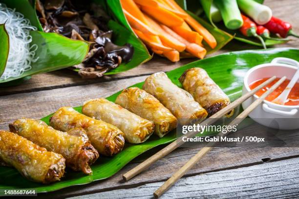 fried spring rolls surrounded by ingredients,romania - spring roll stock pictures, royalty-free photos & images