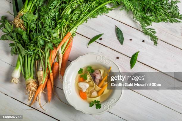 high angle view of food in bowl on table - vegetable soup fotografías e imágenes de stock