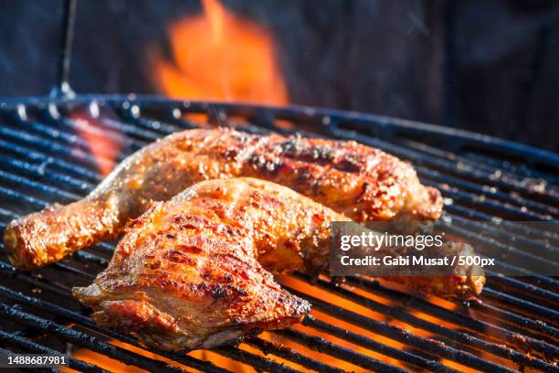 close-up of meat on barbecue grill - grilled chicken stock pictures, royalty-free photos & images
