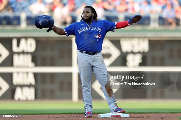 Vladimir Guerrero Jr. #27 of the Toronto Blue Jays reacts during the first inning against the Philadelphia Phillies at Citizens Bank Park on May 09,...