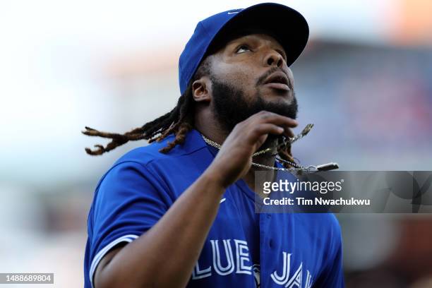 Vladimir Guerrero Jr. #27 of the Toronto Blue Jays reacts before playing against the Philadelphia Phillies at Citizens Bank Park on May 09, 2023 in...