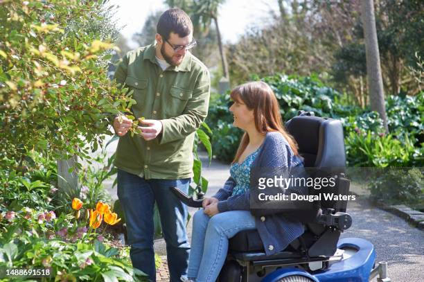 a couple looking at plants in a botanical garden - disabilitycollection stock pictures, royalty-free photos & images