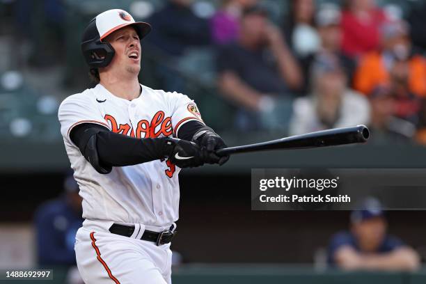 Adley Rutschman of the Baltimore Orioles hits a two run home run against the Tampa Bay Rays during the third inning at Oriole Park at Camden Yards on...