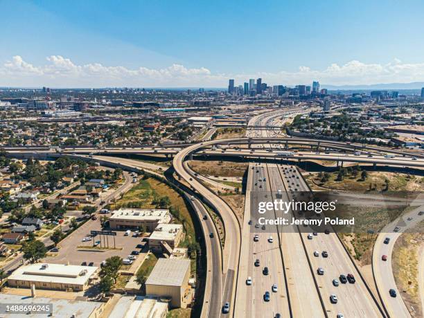 wide angle elevated view of the "mousetrap" highway interchange in north denver, colorado - denver city stock pictures, royalty-free photos & images