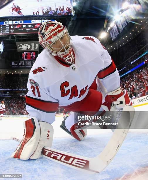 Frederik Andersen of the Carolina Hurricanes looks back in the net following a first period goal by Jack Hughes of the New Jersey Devils in Game Four...