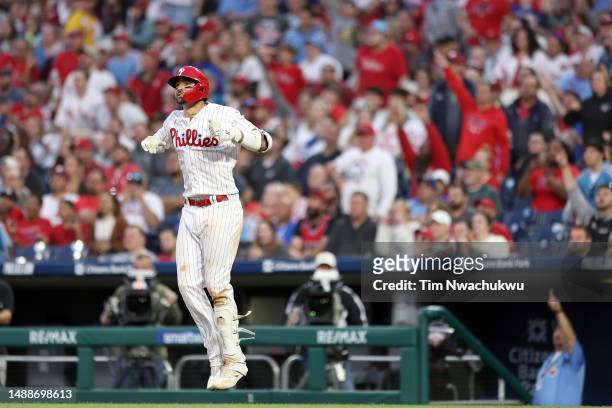 Nick Castellanos of the Philadelphia Phillies reacts after hitting a two run home run during the fourth inning against the Toronto Blue Jays at...