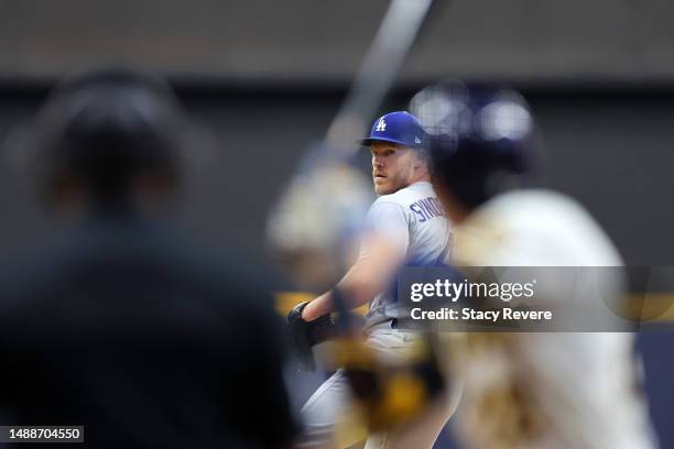 Noah Syndergaard of the Los Angeles Dodgers throws a pitch during the first inning against the Milwaukee Brewers at American Family Field on May 09,...