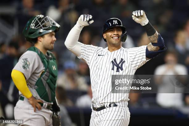 Gleyber Torres of the New York Yankees celebrates after hitting a two-run home run in the fifth inning against the Oakland Athletics at Yankee...
