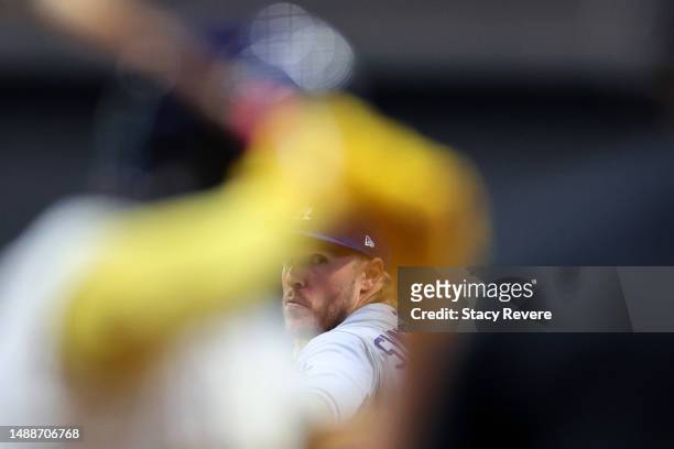Noah Syndergaard of the Los Angeles Dodgers throws a pitch during the first inning against the Milwaukee Brewers at American Family Field on May 09,...