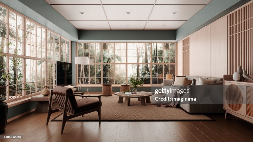 Waldhaus-Wohnzimmer im asiatischen Stil
