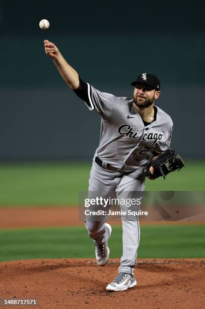 Starting pitcher Lucas Giolito of the Chicago White Sox warms up prior to the game against the Kansas City Royals at Kauffman Stadium on May 09, 2023...