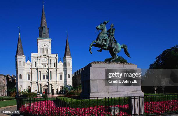 st louis cathedral with statue of andrew jackson in foreground, jackson square, new orleans - jackson square foto e immagini stock