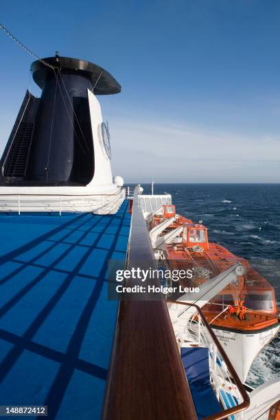 deck and chimney of cruiseship mv princess daphne (international classic cruises) during north sea voyage. - princess cruises stock pictures, royalty-free photos & images