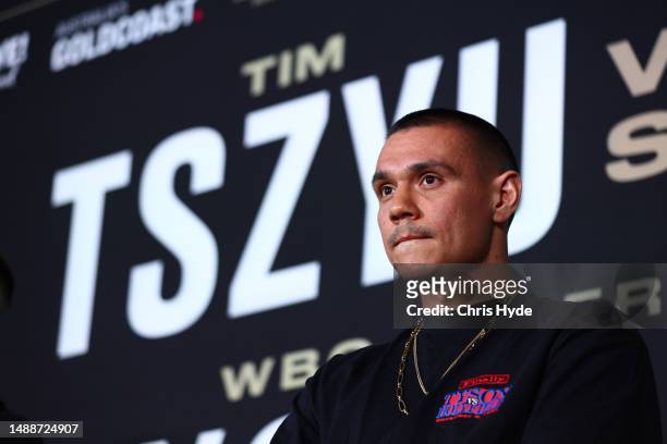 Tim Tszyu speaks to media during a press conference for the World Title Fight Announcement at The Darling at The Star Gold Coast on May 10, 2023 in...