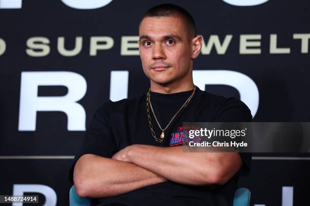 Tim Tszyu speaks to media during a press conference for the World Title Fight Announcement at The Darling at The Star Gold Coast on May 10, 2023 in...