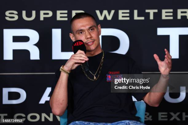 Tim Tszyu speaks to media during a press conference for the World Title Fight Announcement at The Darling at The Star Gold Coast on May 10, 2023 in...