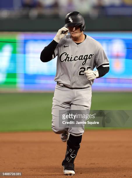 Andrew Vaughn of the Chicago White Sox rounds the bases after hitting a two-run home run during the 6th inning of the game against the Kansas City...