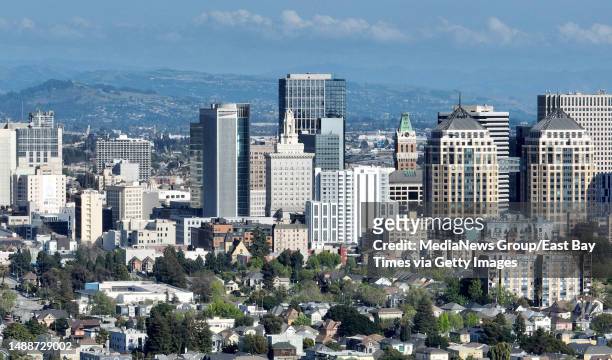 The Oakland skyline is seen from this aerial view in Oakland, Calif., on Monday, May 8, 2023.