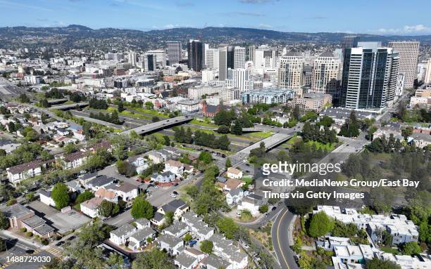 West Oakland, the Oakland skyline and Interstate 980 are seen from this aerial view in Oakland, Calif., on Monday, May 8, 2023.