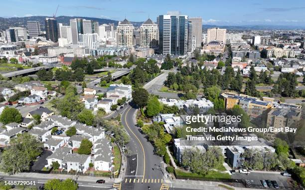 West Oakland and the Oakland skyline are seen from this aerial view in Oakland, Calif., on Monday, May 8, 2023.