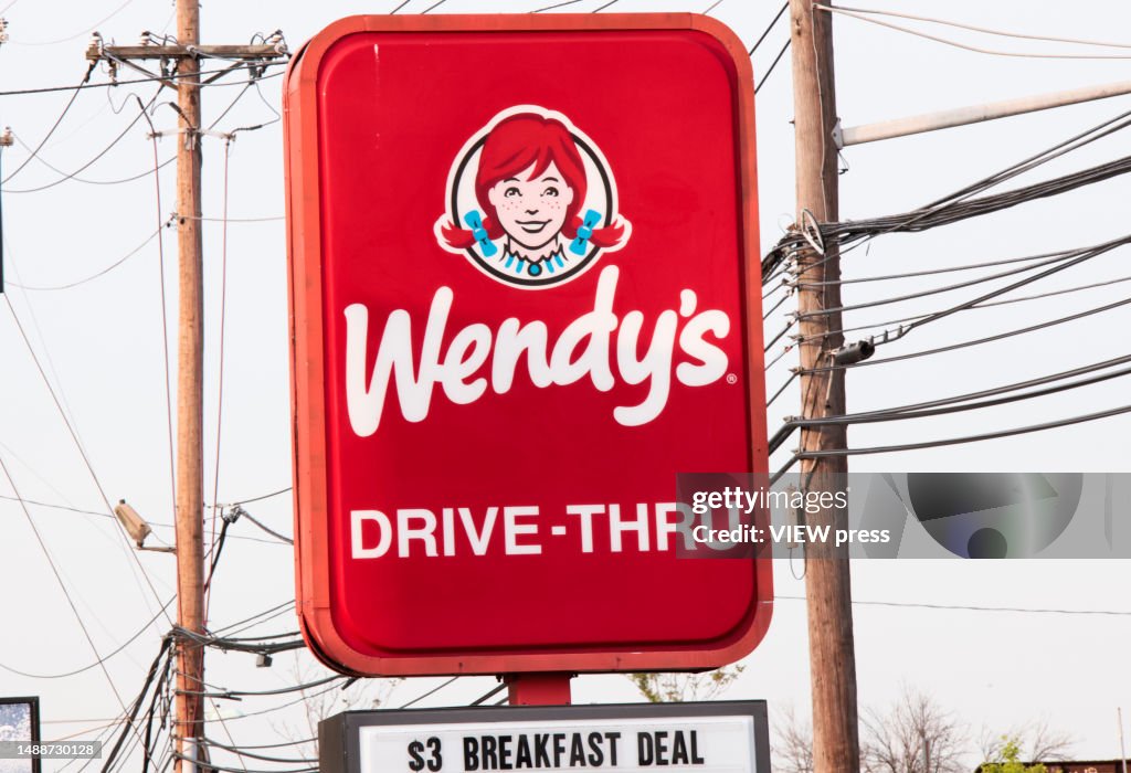 Exterior view of a Wendys restaurant on April 17, 2023 in Rutherford