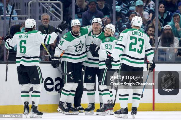 Roope Hintz of the Dallas Stars celebrates his goal during the second period against the Seattle Kraken in Game Four of the Second Round of the 2023...