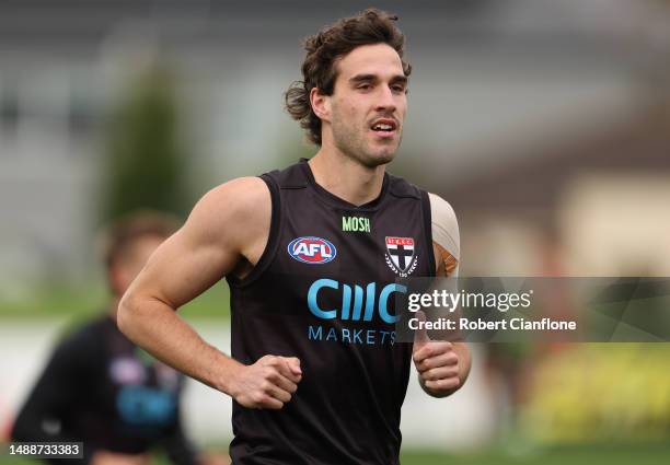 Max King of the Saints runs during a St Kilda Saints AFL training session at RSEA Park on May 10, 2023 in Melbourne, Australia.