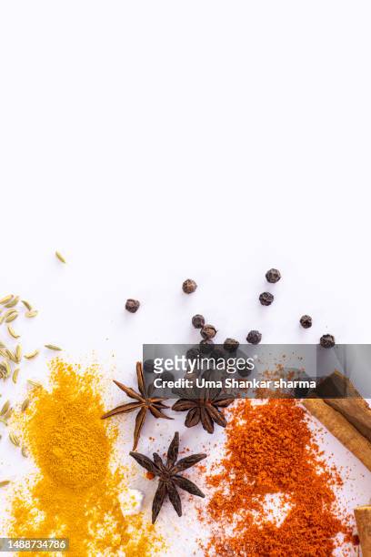 spices and herbs isolated on white background with proper copy space. - allspice stockfoto's en -beelden