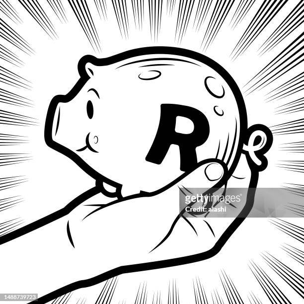 a hand holding a piggy bank with a currency symbol in the background with radial manga speed lines - am rand stock illustrations