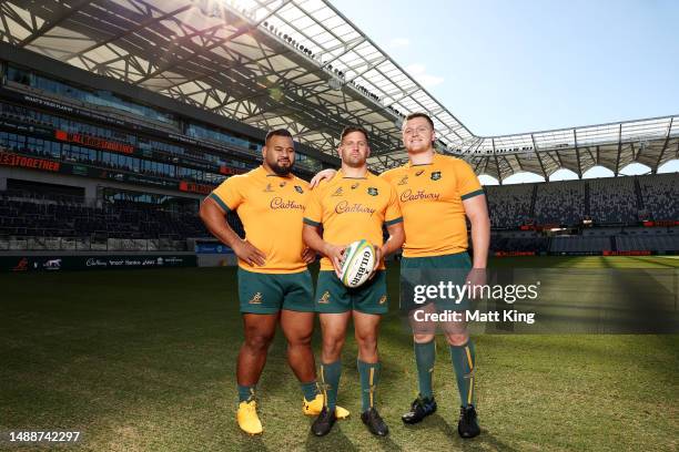 Taniela Tupou, David Porecki and Angus Bell of the Wallabies pose during a Wallabies media opportunity at CommBank Stadium on May 10, 2023 in Sydney,...