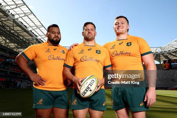 Taniela Tupou, David Porecki and Angus Bell of the Wallabies pose during a Wallabies media opportunity at CommBank Stadium on May 10, 2023 in Sydney,...
