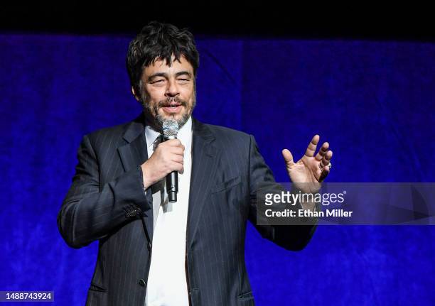 Benicio del Toro speaks onstage to promote the upcoming film "Sicario: Day of the Soldado" at the Sony Pictures Entertainment presentation during...
