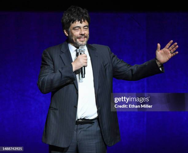 Benicio del Toro speaks onstage to promote the upcoming film "Sicario: Day of the Soldado" at the Sony Pictures Entertainment presentation during...