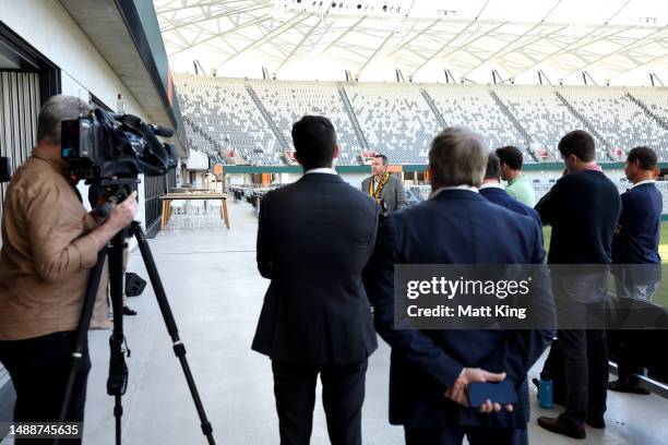 Rugby Australia President Joe Roff speaks to the media during a Wallabies media opportunity at CommBank Stadium on May 10, 2023 in Sydney, Australia.