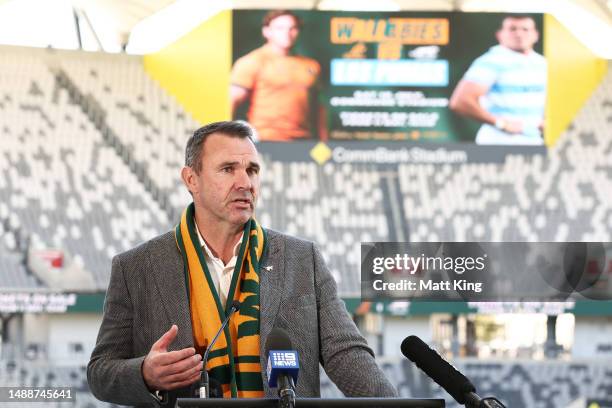 Rugby Australia President Joe Roff speaks to the media during a Wallabies media opportunity at CommBank Stadium on May 10, 2023 in Sydney, Australia.