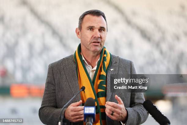 Rugby Australia President Joe Roff speaks to the media during a Wallabies media opportunity at CommBank Stadium on May 10, 2023 in Sydney, Australia.