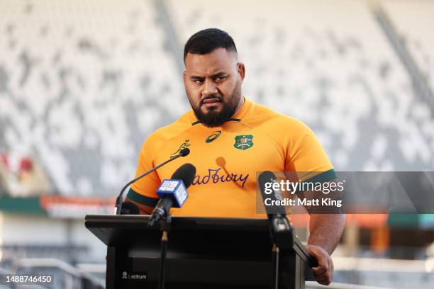 Taniela Tupou of the Wallabies speaks to the media during a Wallabies media opportunity at CommBank Stadium on May 10, 2023 in Sydney, Australia.