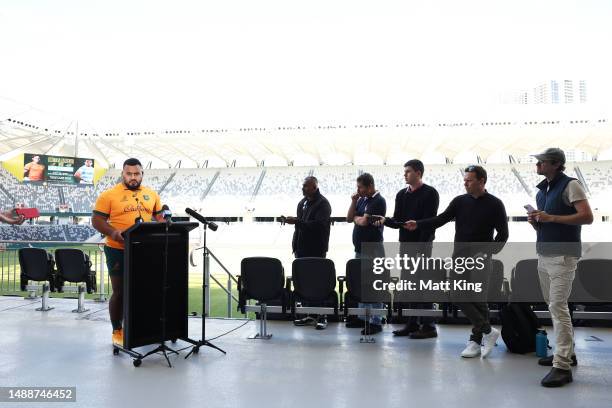 Taniela Tupou of the Wallabies speaks to the media during a Wallabies media opportunity at CommBank Stadium on May 10, 2023 in Sydney, Australia.