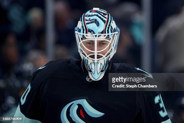 Martin Jones of the Seattle Kraken looks on during the third period against the Dallas Stars in Game Four of the Second Round of the 2023 Stanley Cup...