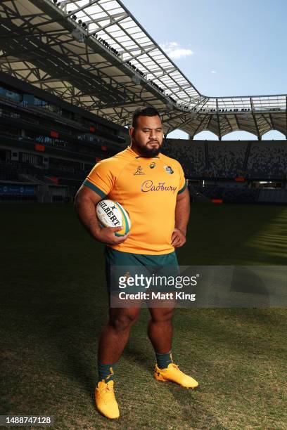 Taniela Tupou of the Wallabies poses during a Wallabies media opportunity at CommBank Stadium on May 10, 2023 in Sydney, Australia.