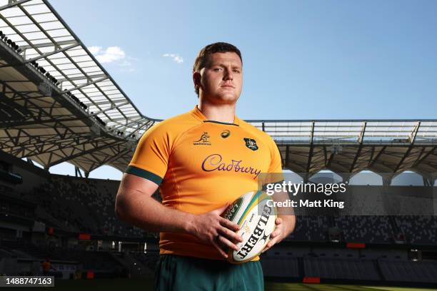 Angus Bell of the Wallabies poses during a Wallabies media opportunity at CommBank Stadium on May 10, 2023 in Sydney, Australia.